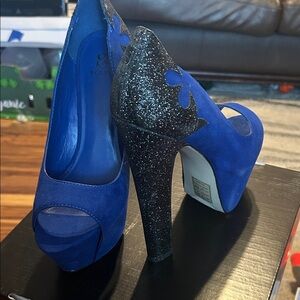 Scene Weaver Royal Blue Suede Peep-Toe Heels with Black Glitter Heel